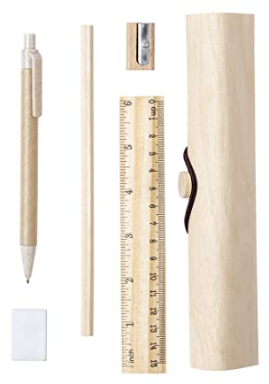 Makio Federmäppchen mit natürlicher Linie, hergestellt aus Holz, mit elastischem Band, 5 Zubehörteile enthalten (Kugelschreiber, Bleistift, Lineal, Anspitzer und Gummi)