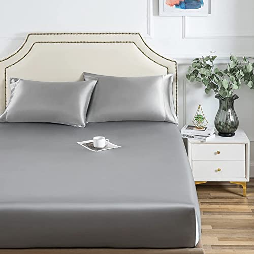 Spannbettlaken 180x200 Satin Silber Grau Hellgrau Boxspringbett Satin Bettlaken Glänzend Seide Spannbetttuch Uni Muster Hochwertiges Spannbetttücher für Matratze Hohe bis 25-30 cm