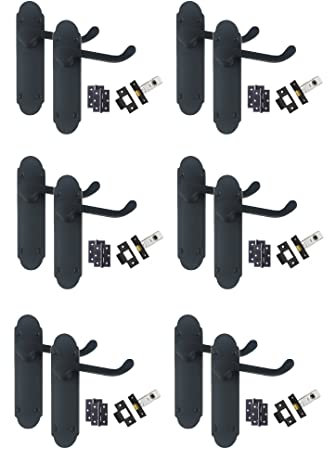 Golden Grace 6 Sets Pairs of Matt Black Shaped Design Victorian Scroll Door Handle Lever On Back Plate - Latch Door Pack with Ball Bearing Hinges - MATT Black