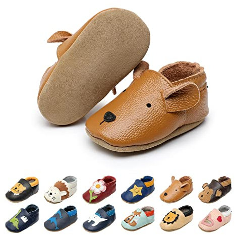 EDOTON Krabbelschuhe Baby LederLauflernschuhe Mädchen mit weichen Wildledersohlen Lederschuhe Baby Jungen Mädchen Hausschuhe 0-24 Monate