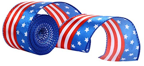GNGR Patriotisches verdrahtetes Band Stars and Stripes blaues und rotes verdrahtetes Band USA-Flaggen-verdrahtetes Rand-Band für Unabhängigkeitstag 4. Juli-Tag Geschenkpapier Und Silber (C, One Size)