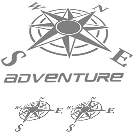 nuovo kit Adesivi Stickers Rosa dei venti adventure da 34 cm + omaggio 2 adesivi rosa dei venti da 15 cm valigie per moto enduro Trail off Road 4x4 per Auto o Moto (Grigio Chiaro Lucido)