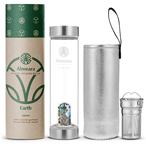 Almeara Kristall-Wasserflasche mit authentischem Moosachat, Opalsteinen und abnehmbaren Rauchquarz-Edelsteinen, Tee-Ei für lose Blätter, Entspannung, Heilung und spirituelle Geschenke für Frauen