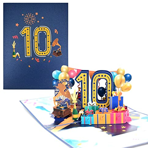 TOG BEG® 3D Pop-up Grußkarte mit Nummer 10, Dekolationen wie Luftballon, Geschenke und ein Grammophon zum 10. Geburtstag, Jubiläum, Rosenhochzeit für Eltern, Großeltern, Freunde inkl. Umschlag