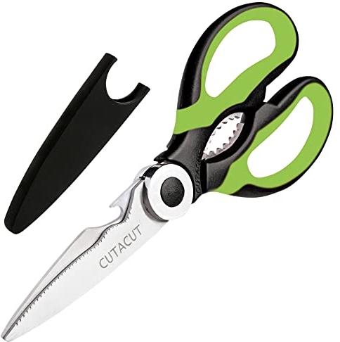 Cutacut Kitchen Scissors Stainless Steel Sharp Blades with TPR Grip - Multipurpose Kitchen Scissors Heavy Duty for Meat, Chicken, Fish, Vegetables, and Herbs – Bottle Opener. (Green)