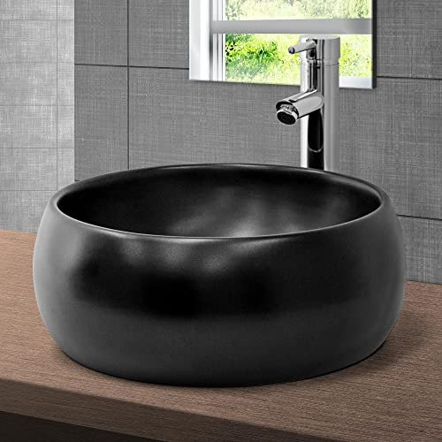 ML-Design Waschbecken aus Keramik in Schwarz matt Ø 400 x 155 mm, Runde Aufsatzwaschbecken, Moderne Waschtisch, Waschschale mit Abflussloch, Waschplatz Handwaschbecken, für Badezimmer/Gäste-WC