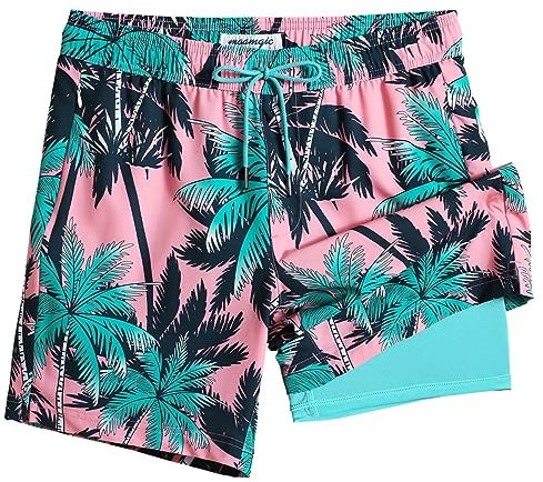 MaaMgic Homme Short de Bain 2 en 1 à séchage Rapide avec Doublure | Séchage Rapide Short de Natation décontracté Boardshorts avec Pantalon intérieur et Poche,Vert Coco Rose,L