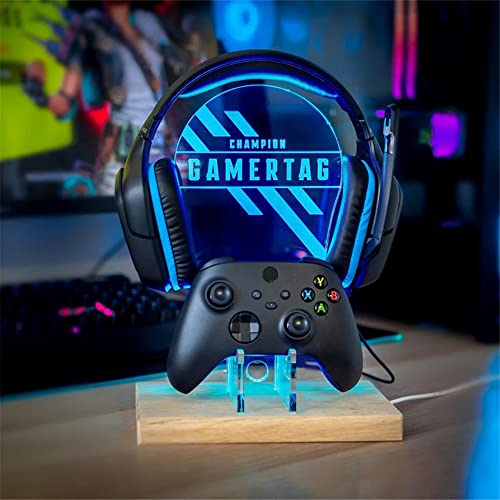 Personalisierter Headset Controller Halter, RGB LED Gaming Station Konsolen Controller Halter – Gamer Mit Kapuze | Gamer Geschenk Idee | Benutzerdefinierte Gamer Name Kopfhörer Aufhänger