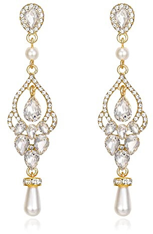 EVER FAITH Damen Kristall Simulierte Perle Braut Floral Blatt Teardrop Lange Baumeln Ohrringe Klar Gold-Ton