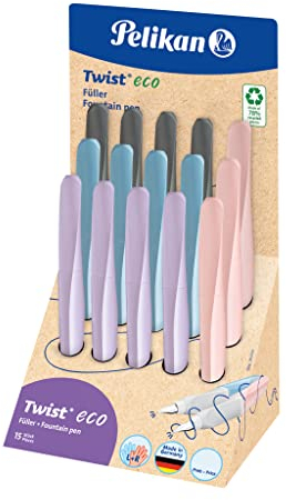 Pelikan Twist® eco Füller für Rechts- und Linkshänder, Display mit 15 Stück, Feder M, farbig sortiert