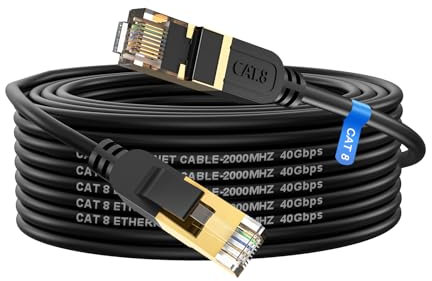Cat 8 Ethernet Cable 12m High Speed Heavy Duty 26AWG Cat8 LAN Network Cable 40Gbps, 2000Mhz with Gold Plated RJ45 Connector, Outdoor&Indoor Internet Cable Compatible for Router Gaming Modem Xbox