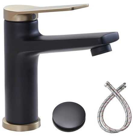 SHACO Gebürstetes Gold und mattschwarzes Einloch-Badezimmer-Wasserhahn, Waschtischarmatur mit Pop-Up-Abfluss und Wasserversorgungsleitung, 1 Loch, WC-Waschtischarmatur
