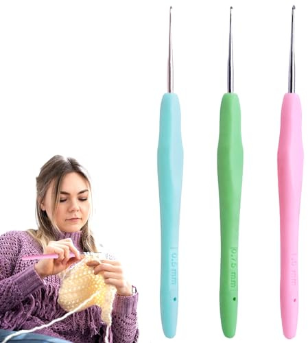 Ssiyiya 3Pcs 0.5-1mm Crochet Hooks Set Ergonomic Soft Handles Crochet Hooks Sewing Tool for Arthritic Hands, Mom,Grandmother Locking Hair Needlework Gift. (Blue, Green, Pink)