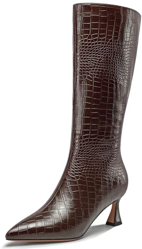 NobleOnly Donna Medio Tacco Heel Chiusa a Punta Cerniera Ballo Dress Metà polpaccio Stivali Casual Inverno Scarpe 6 CM Heels Marrone Scuro 37 EU