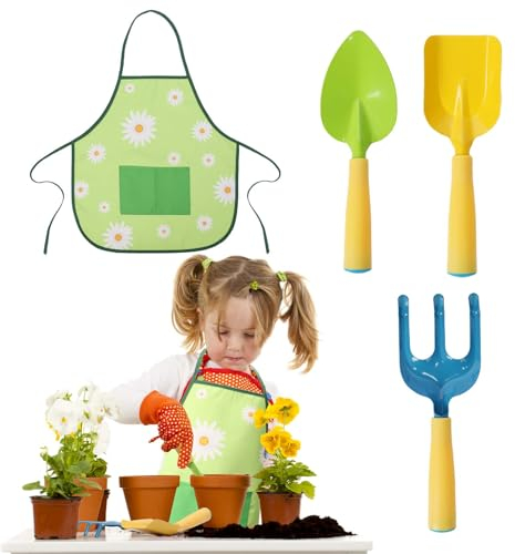DKINY 4pcs Bambini Giardino Set Attrezzi Giardino Grembiule con Pala Mano Vanga erbaccia rastrello Giardino Giocattolo Giardino aiutante Giardino Spiaggia all'aperto Giocattolo per Ragazzo Ragazza
