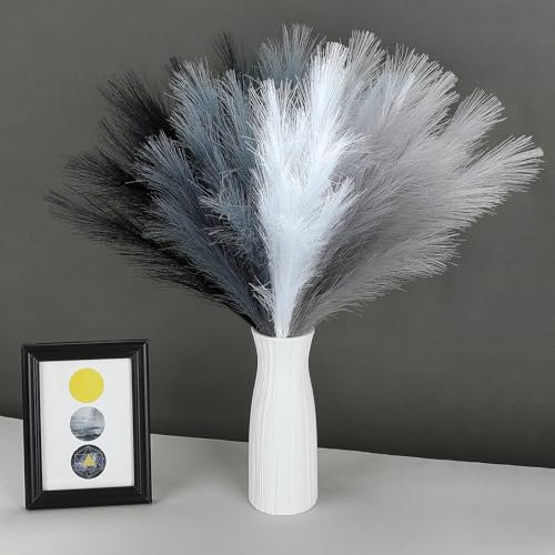 SeptCat 80 Pcs Pampas Grass Decor 21.7 Fluffy Black White Grey Faux Short Pampas Grass Artificial Small Pompas Grass Flower Vase Filler for Home Wedding Decoration