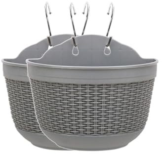 Blumentopf, Wandmontage, Pflanzkorb für drinnen und draußen, mit S-Haken, Rattan-Imitat, halbrund, Blumenhalter, Aufhänger für Balkon, Zaun, Fenster, Rankgitter (groß, grau), 2 Stück