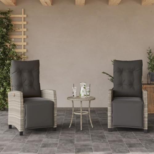 Willood Gartensessel mit Fußteil 2Stk. Gartenstuhl mit Verstellbarer Rückenlehne, Liegestuhl mit Stahlrahmen, Sessel Stuhl Relaxsessel Hellgrau Poly Rattan