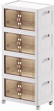 ELPHECO 32L 4 Stück Kunststoff-Aufbewahrungsbox, Stapelbare Aufbewahrungsbehälter mit Deckel und Doppeltüren, zusammenklappbarer Organizer mit Rollen, große Aufbewahrungsbehälter, 50x32x108cm