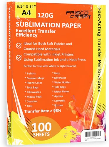 Frisco Crafts Sublimation Paper 8.5 x 11 Inches (100 Sheets) - Subli Paper for Inkjet Printer with Sublimation Ink - High Transfer Rate, Vibrant Colors, 120gsm for T-Shirts, Mugs & More