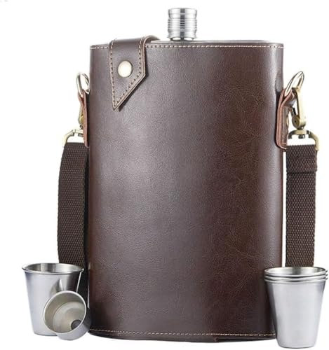 Yoeoefuo Hip Flask Portable Whisky Bottle 1500 ml Men's Leather Alcohol Bottle with Funnel and 4 Cups Outdoor Flask Stainless Steel Shot Bottle