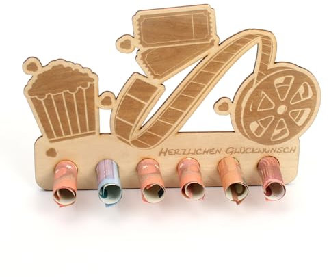 Kreative Feder Geldgeschenk Kino zum Geburtstag - Geldscheinhalter aus Holz in originellem Design mit 6 Löchern für Geldscheine (Kino)