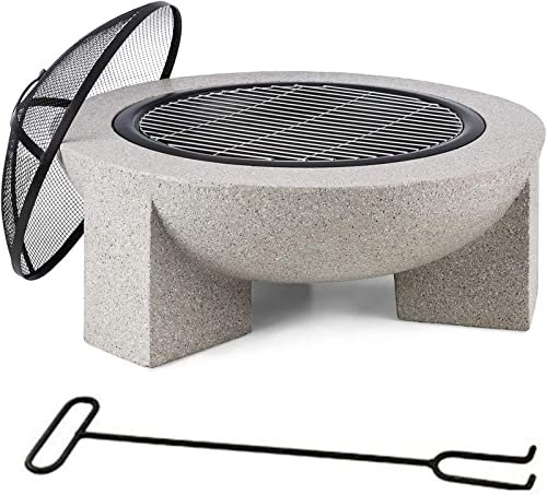 XZHOOQP Braciere da Giardino e Patio, braciere per Feste all'aperto con griglia e ripiano per griglia, braciere in Acciaio con Bordo in Pietra Artificiale
