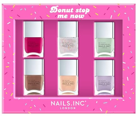 Nails Inc Donut Stop Me Now, Trendy Glaze Finish, Ultra Glossy, Fun, Colourful, Long-Lasting, Chip Resistant, Salon-Quality Manicure, Vegan, Cruelty Free, 6 Piece Gift Set