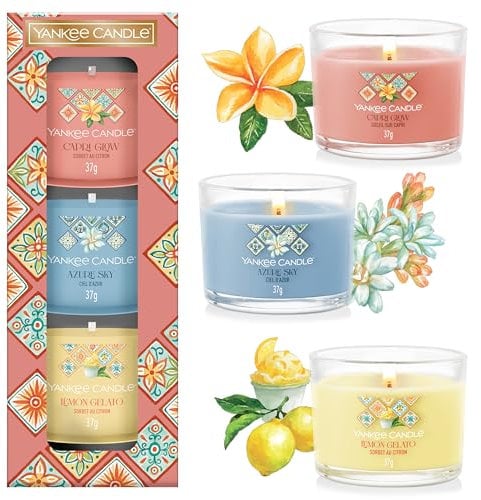 Coffret cadeau de bougies parfumées Yankee Candle | 3 Mini-bougies votives en verre | Ciel d’Azur, Soleil sur Capri et Sorbet au citron | Collection Hello Italy | Cadeaux parfaits pour femmes
