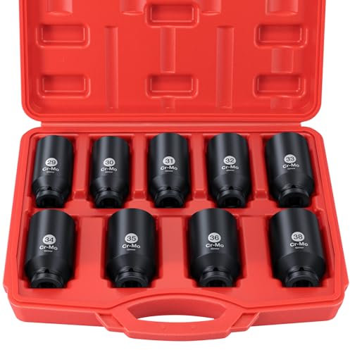 Ginour Coffret de 9 Douilles a Chocs 1/2 (29-38 mm), CR-MO Hexagonales Douilles Renforcées pour écrous d’essieu de voitures, moyeux de roues, camions, grandes machines