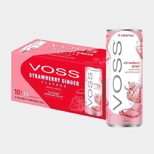 VOSS Strawberry Ginger Flavoured Sparkling Water, Pack of 10 x 330ml Cans, Zero Calories, No Sugar, Naturally Sourced