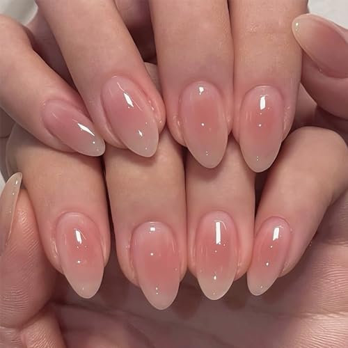 24Pcs Square False Nails Short, Pink Gradient French Tip Press on Nails, Glossy Removable Glue on Nails with Glue, Acrylic Full Cover Stick on Nail for Women and Girls