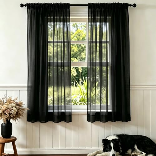NAKIHOUSE Voile Curtains 45 Drop Pair Black Net Curtains for Windows | Slot Top Sheer Curtain Light Filtering Panel Voile for Living Room Bedroom Kitchen Door W52xL63 Inch (132x114cm)