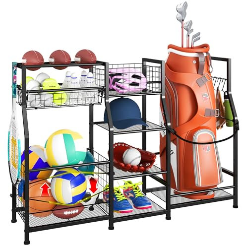 Sonyabecca Golf Bag Stand Golf Storage Organizer for Garage with Basket and Hooks, Storage Rack for 2 Golf Bag, Golf Gift for Men Sports Equipment Organizer, Two Assembly Methods