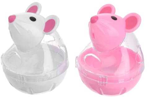 BESTonZON 2Pcs Cat Feeder Automatic Interactive Food Dispenser Mouse Shape Tumbler for Cats Rolling Treat Game for Pet Engagement White Red