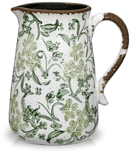 Oairse Ceramic Rustic Farmhouse Vase 7.9 Green and White Vase for Centrepieces Chinoiserie Vases Pottery Jug with Handle French Country Decor Vintage Vases for Living Room Kitchen Dinner Table