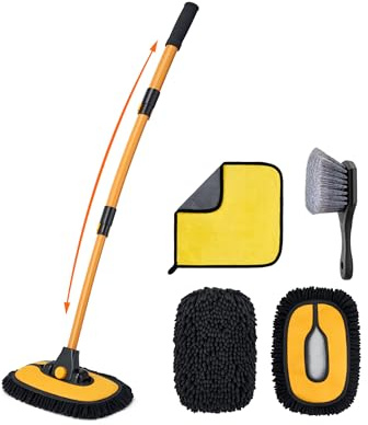 AstroAI 15° Curve Car Wash Brush,Telescopic Car Cleaning Brush, Microfibre Car Wash Brush Mop, Car Wash Kit for Cars RV SUV Truck（Black)