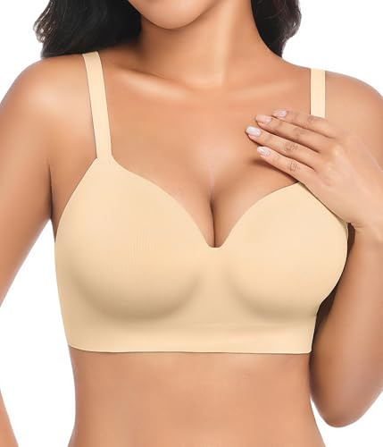 UMIPUBO Bras for Women Push Up Jelly Bra Seamless Non Wired Bralettes Support Wirefree Full Coverage Comfort Ladies Wireless Soft V Neck Padded Bras Small to Plus Size T-Shirt Top Bra (Skin, L)