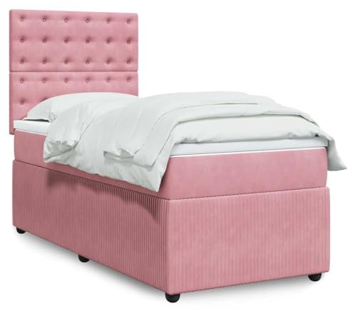 Hoopleep Boxspringbett mit Matratze Rosa 100x200 cm Samt, Höhenverstellbares Kopfteil, LED-Beleuchtung, Komfortable Taschenfederkernmatratze für Schlafzimmer, Erholsame Nachtruhe