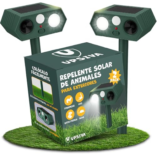 Pack 2 Repelente Gatos | Repelente ultrasónico energía Solar con Sensor de Movimiento + Luz LED | Ahuyentador Gatos, Perros, Roedores | Resistente a Lluvia | Recargable y Ecológico | Protección 24/7