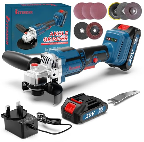 KITESDER 20V Cordless Angle Grinder with 11,000 RPM, 30 mm Cutting Depth, and 5 Multifunctional Heads for Metal, Stone, and Ceramic (Brushless Motor + Single Battery (2.0AH))