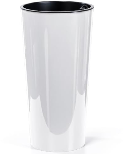 KONZEPT Pot de fleurs haut Ø 29,5 cm avec insert pratique – Grand pot de 57 cm de large en plastique brillant résistant aux UV et au gel, pour salon, balcon et terrasse Blanc