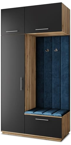 Masseno Flugarderoben Set Rema, Kleiderschrank-Set mit Sitzbank, Garderobenschrank Flur mit 5 Regalböden, Eiche Wotan/Schwarz