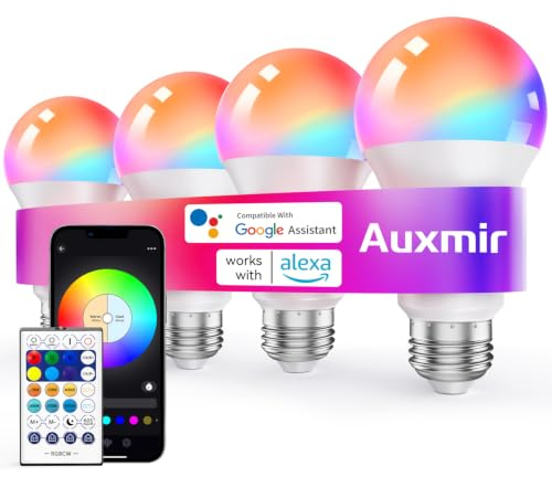 Auxmir Smart Glühbirne E27, WLAN LED Lampe 800LM, RGBWW Dimmbar, 4 Stück | Smart Bulb APP Kompatibel mit Alexa, Google Assistant, 16 Mio. Farben, DIY-Szenen, Musiksync, 10W für Smart Home Zubehör