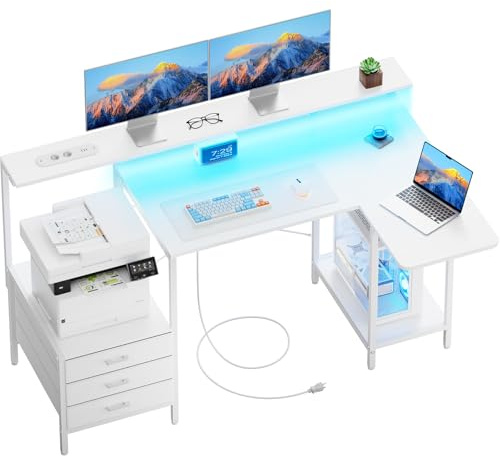 HLONONE 140 x 85 cm Schreibtisch mit Schubladen, LED & Steckdose, Weiß