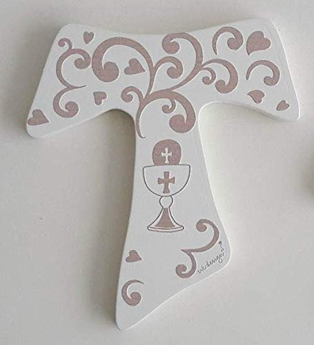 Cvc srl - Bomboniera per Comunione in Legno Bianco Tagliato Laser a Forma di Croce 7 x 8 cm con Decorazione Calice di Vino e Ostia Colorata