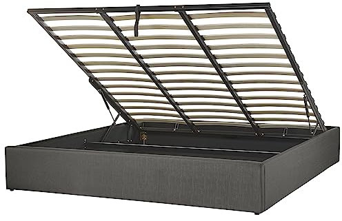 Beliani Letto Imbottito Grigio Effetto Lino con Box Portaoggetti 180 x 200 cm