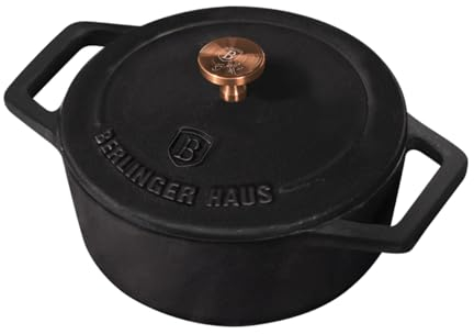 Berlinger Haus, Mini Cocotte, 10 cm Ronde, fonte, Collection Blak Rose, Rétention de chaleur plus longue, conserve uniformément la chaleur, Idéal pour l'utilisation du four à table