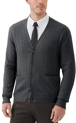 Kallspin Men’s Wool Blend Cardigan Sweater Cable Knit V Neck Button Jumper