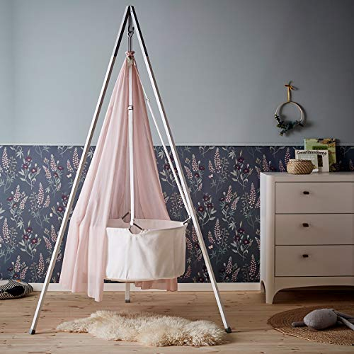 Leander Wiegen-SET - ALL INCLUSIVE - Wiege weiß mit Stativ weiß, Schleier dusty rose, 2 Spannbetttücher weiß, 1 Matratzenauflage